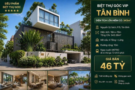 Bán Biệt Thự Góc Nguyễn Sỹ Sách Tân Bình 343m², 4 Tầng, Giá 46 Tỷ