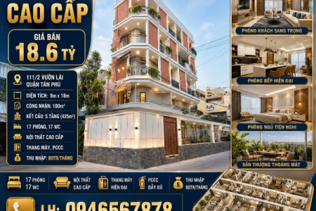 Bán tòa nhà hẻm 111/2 đường vườn lài DT 9x18 đúc 5 tấm bán 18,6 tỷ LH 0946567878 Hiểu
