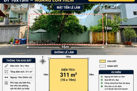 Bán Đất MT Lê Lâm DT 16x19m Ngang 16m Hiếm LH 0946567878 Hiểu