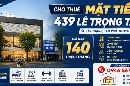 Cho Thuê Mặt Bằng MT 439 Lê Trọng Tấn, Tây Thạnh – DT 14x38m – Giá 140 Triệu/Tháng