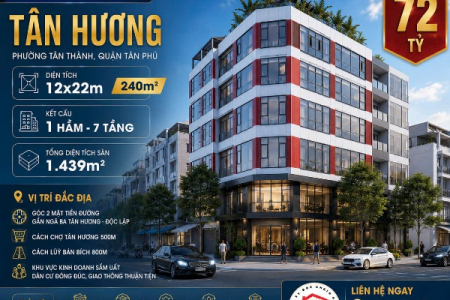 Bán Tòa Nhà Góc 2 Mặt Tiền Tân Hương, Tân Phú – 1 Hầm 7 Tầng, 1.439m² Sàn, Giá 72 Tỷ